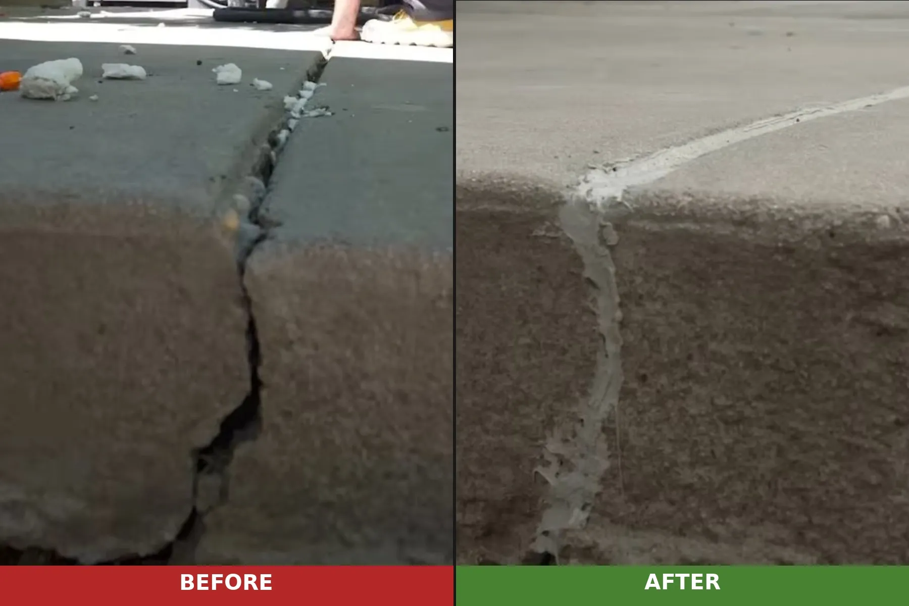 Before and after concrete leveling in Pocatello ID - settled slab raised back to level