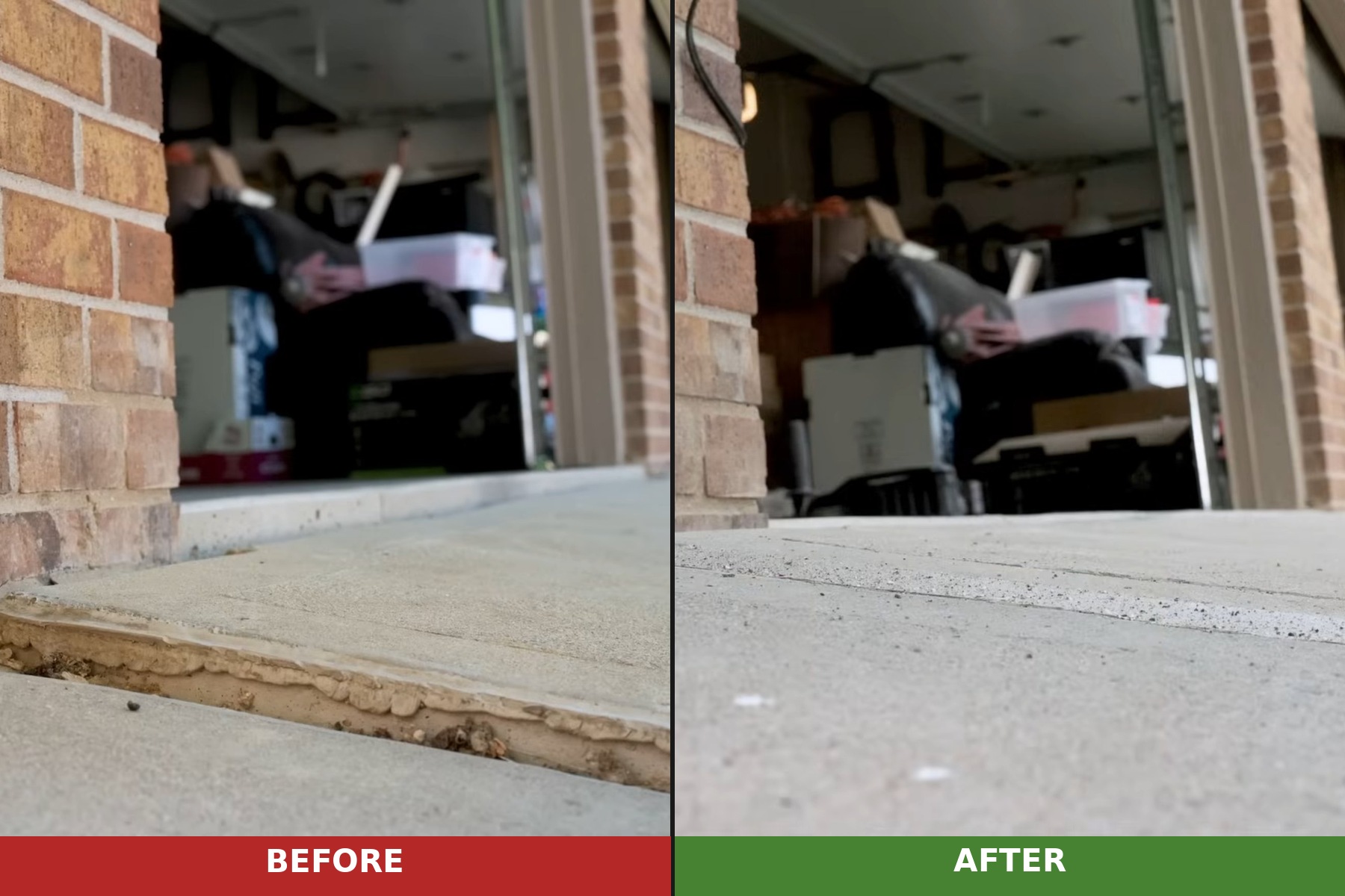 Before and after concrete leveling result in Pocatello, ID - sunken driveway raised and leveled