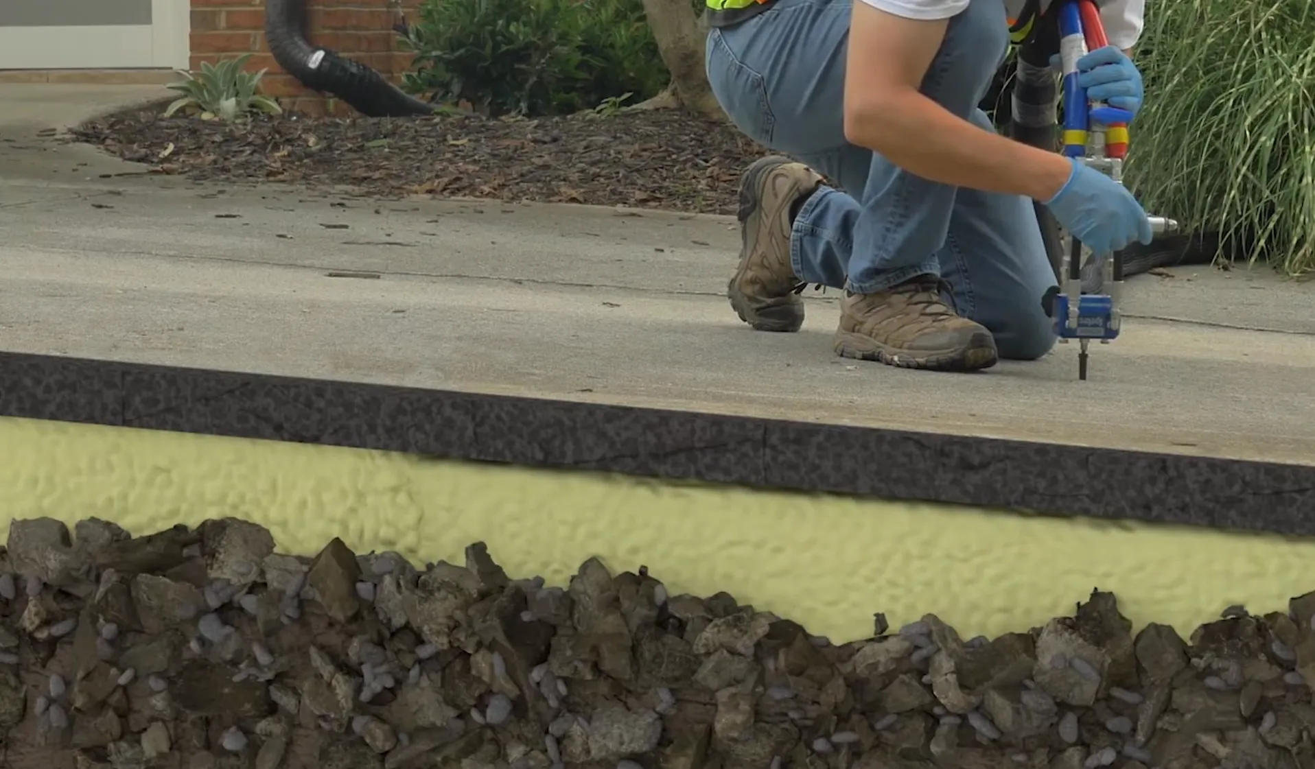 Polyjacking process - polyurethane foam injected beneath sunken concrete slab in Pocatello ID